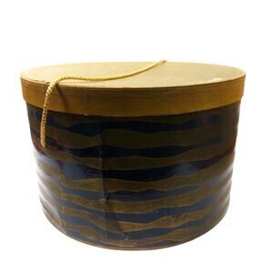 Vintage 1950's Hat Box Black and Gold Animal Stripe Pattern Gold Lid Cord Handle